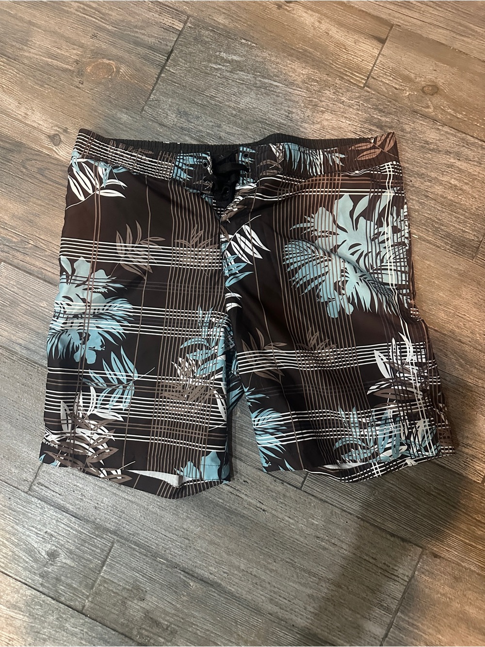 Men's Black Swim Board Shorts with Light Blue Floral Print